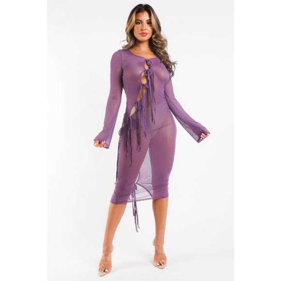 Boutique Dresses & Skirts - Women's Tie Detailed Mesh Cover Up Dress Cut Out Long Sleeve Lace Up Polyester